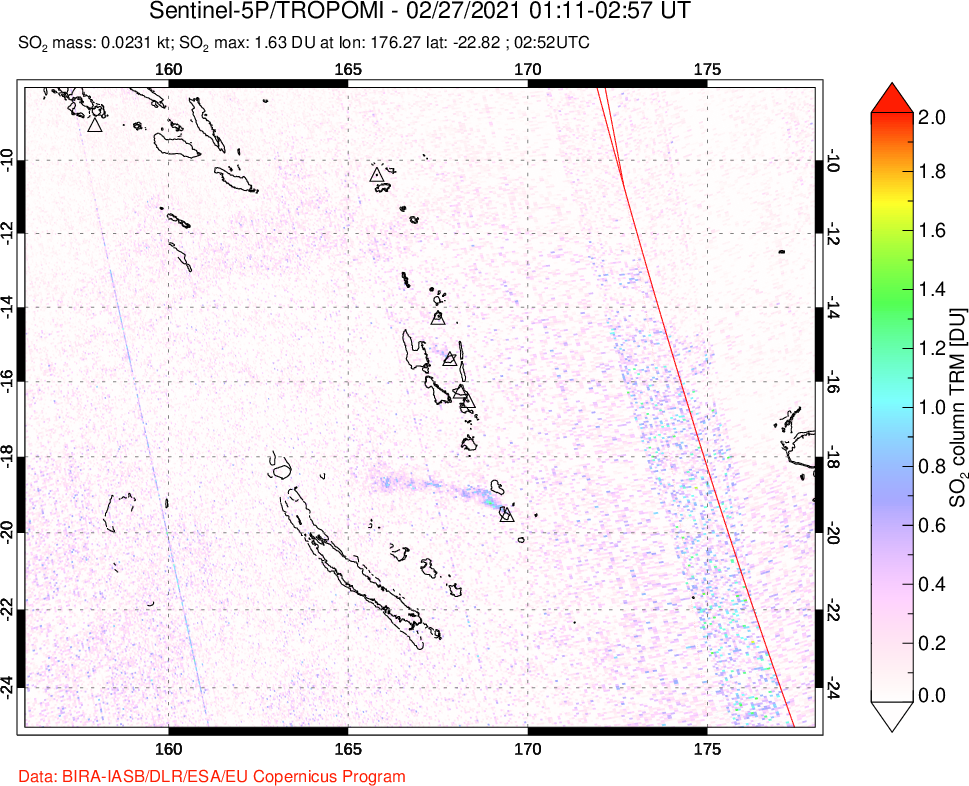 A sulfur dioxide image over Vanuatu, South Pacific on Feb 27, 2021.
