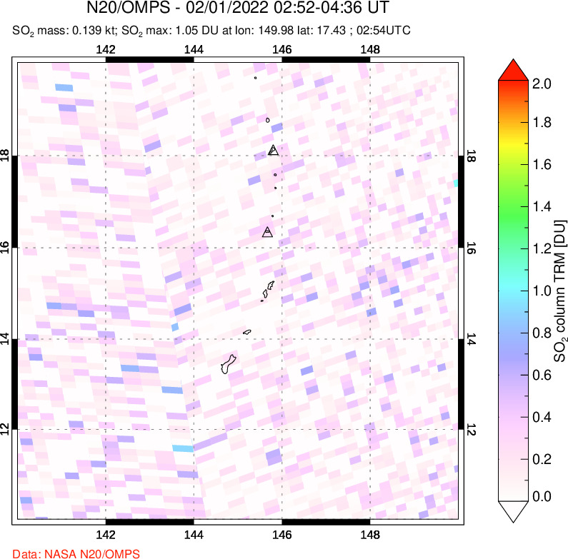 A sulfur dioxide image over Anatahan, Mariana Islands on Feb 01, 2022.