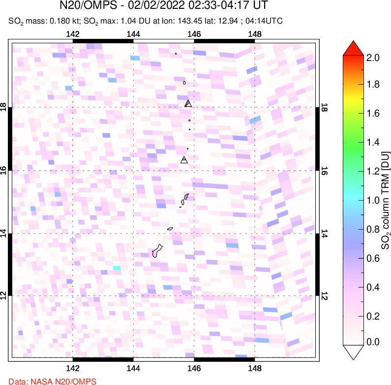 A sulfur dioxide image over Anatahan, Mariana Islands on Feb 02, 2022.