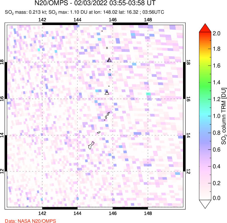 A sulfur dioxide image over Anatahan, Mariana Islands on Feb 03, 2022.