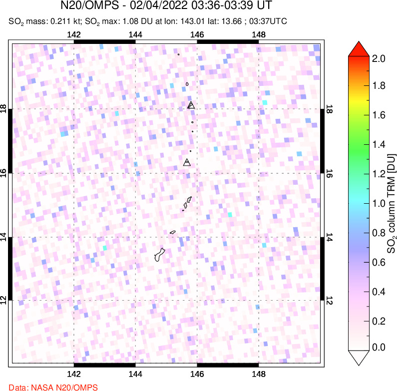 A sulfur dioxide image over Anatahan, Mariana Islands on Feb 04, 2022.