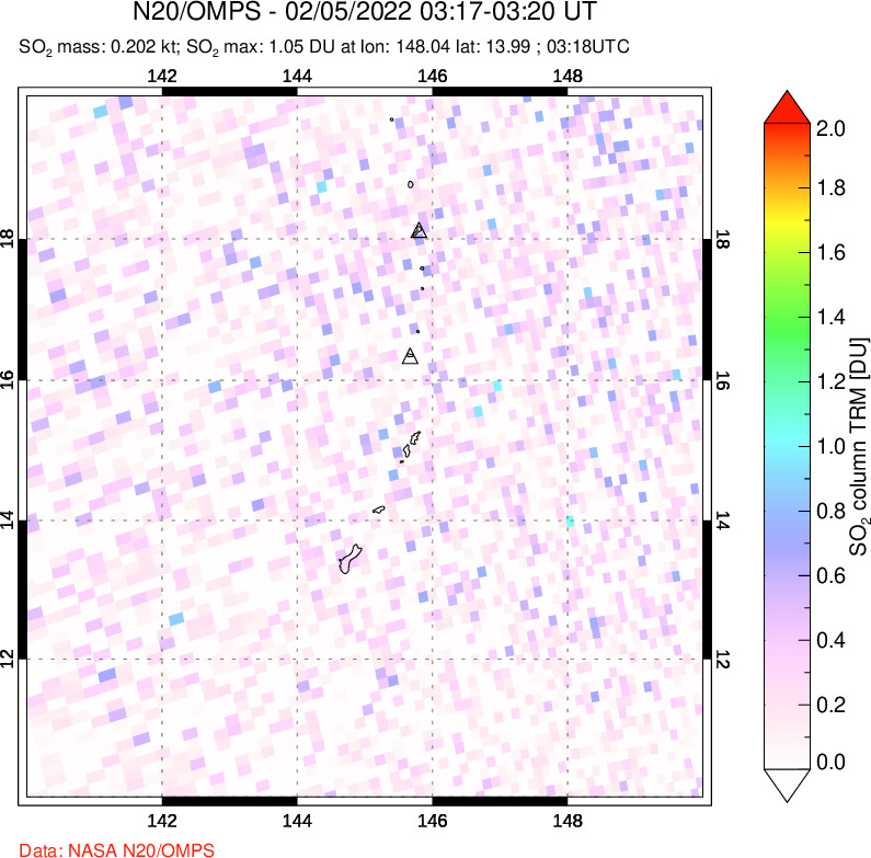 A sulfur dioxide image over Anatahan, Mariana Islands on Feb 05, 2022.