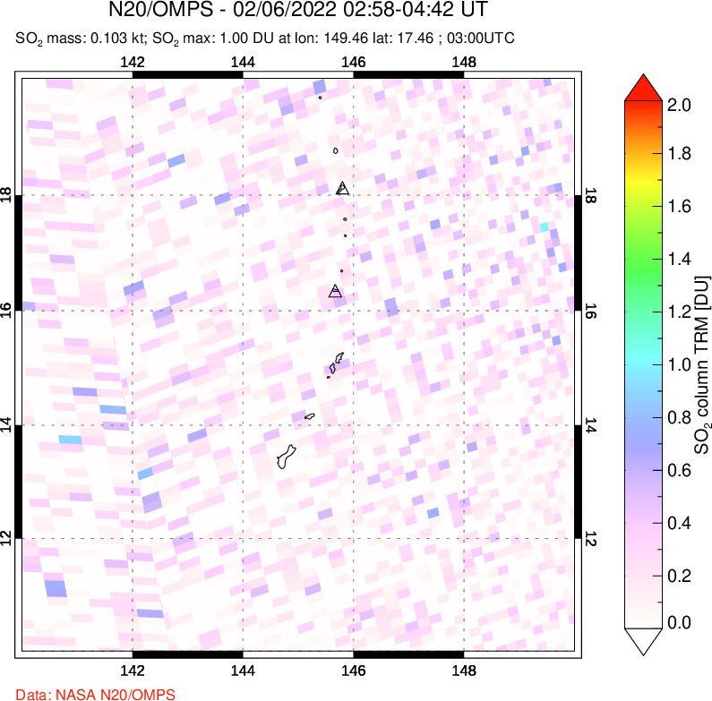 A sulfur dioxide image over Anatahan, Mariana Islands on Feb 06, 2022.