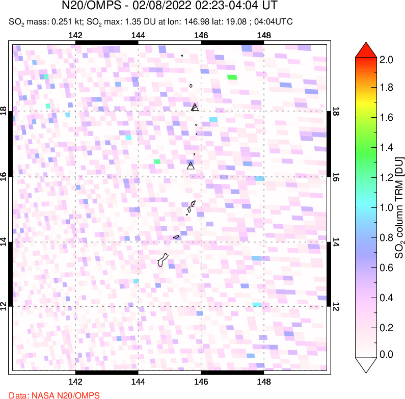 A sulfur dioxide image over Anatahan, Mariana Islands on Feb 08, 2022.