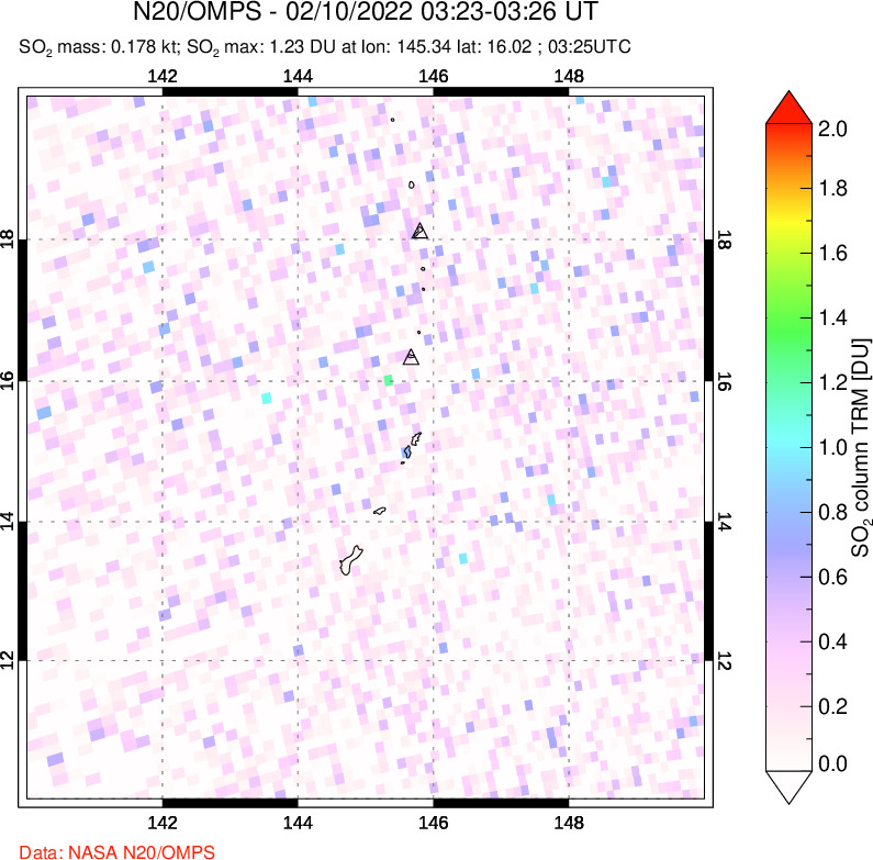 A sulfur dioxide image over Anatahan, Mariana Islands on Feb 10, 2022.