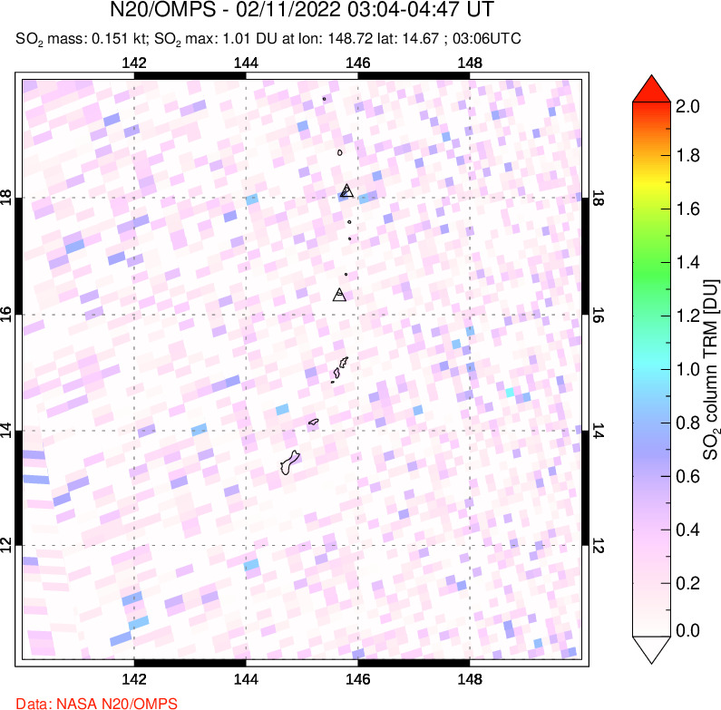 A sulfur dioxide image over Anatahan, Mariana Islands on Feb 11, 2022.