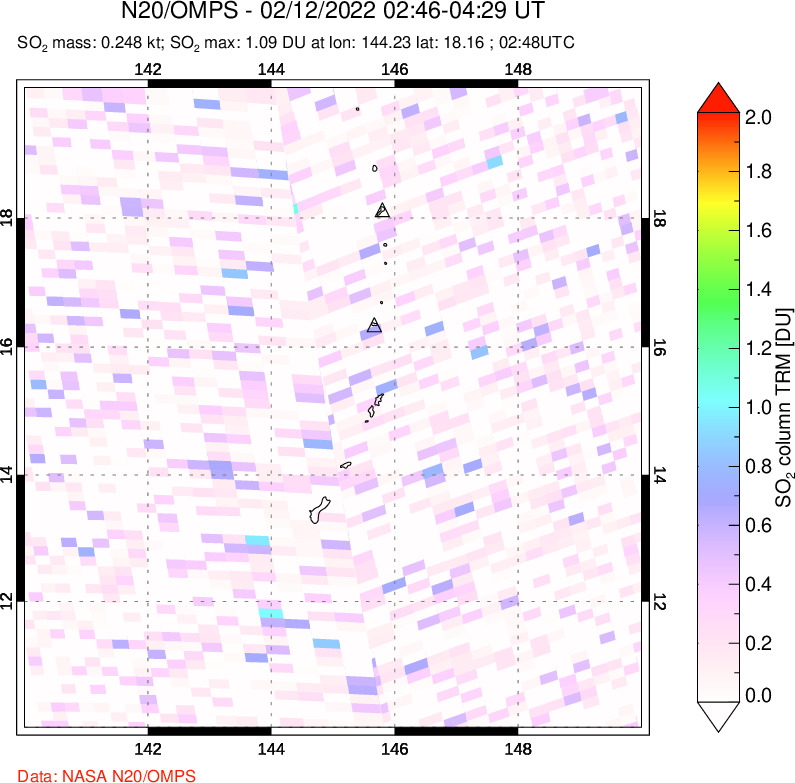 A sulfur dioxide image over Anatahan, Mariana Islands on Feb 12, 2022.