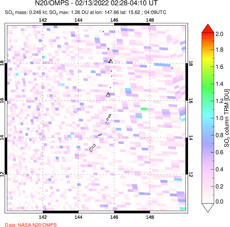 A sulfur dioxide image over Anatahan, Mariana Islands on Feb 13, 2022.