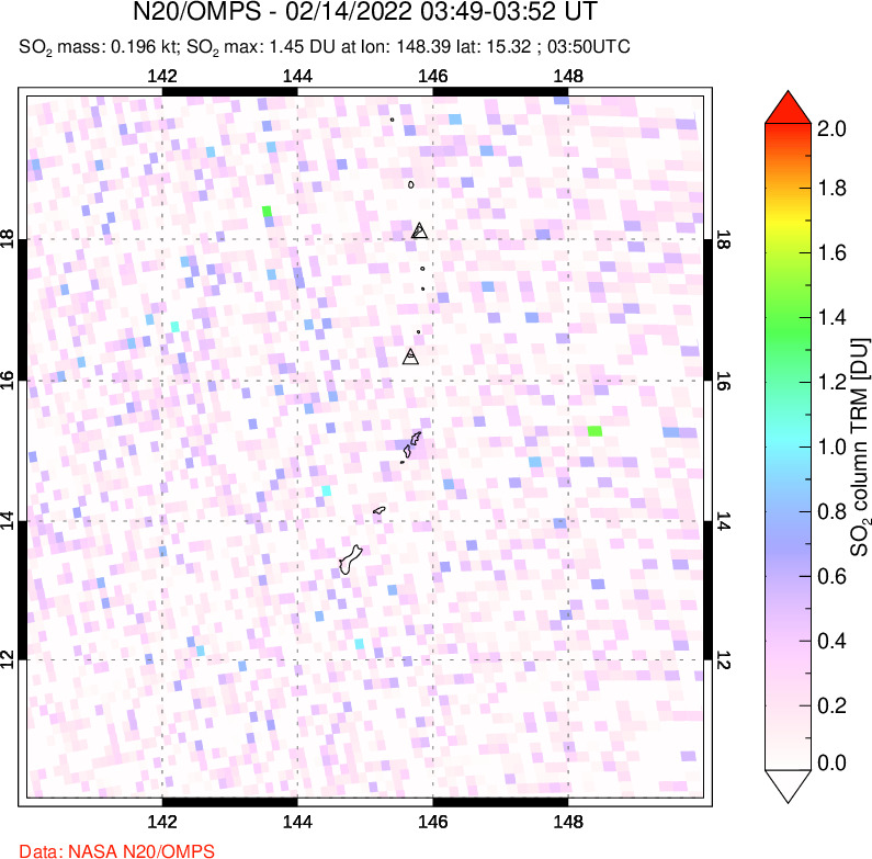 A sulfur dioxide image over Anatahan, Mariana Islands on Feb 14, 2022.