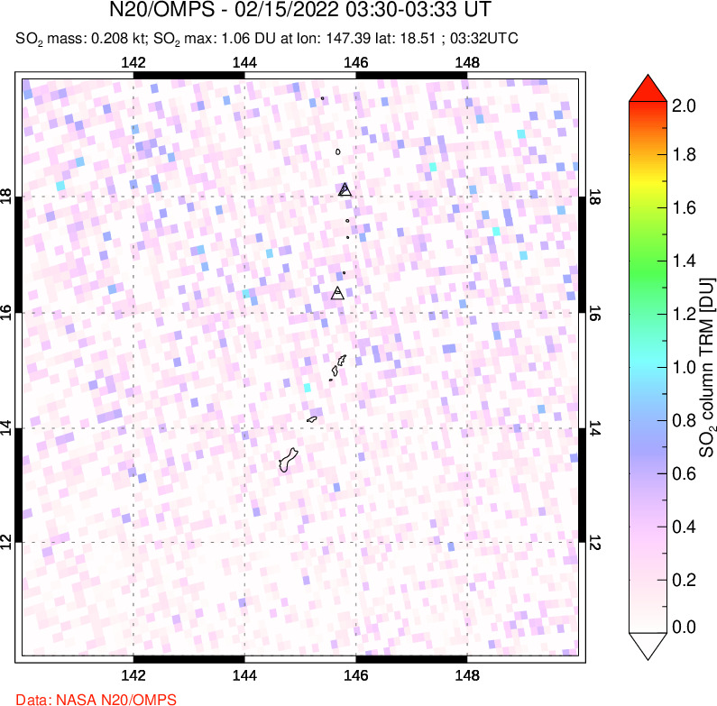 A sulfur dioxide image over Anatahan, Mariana Islands on Feb 15, 2022.