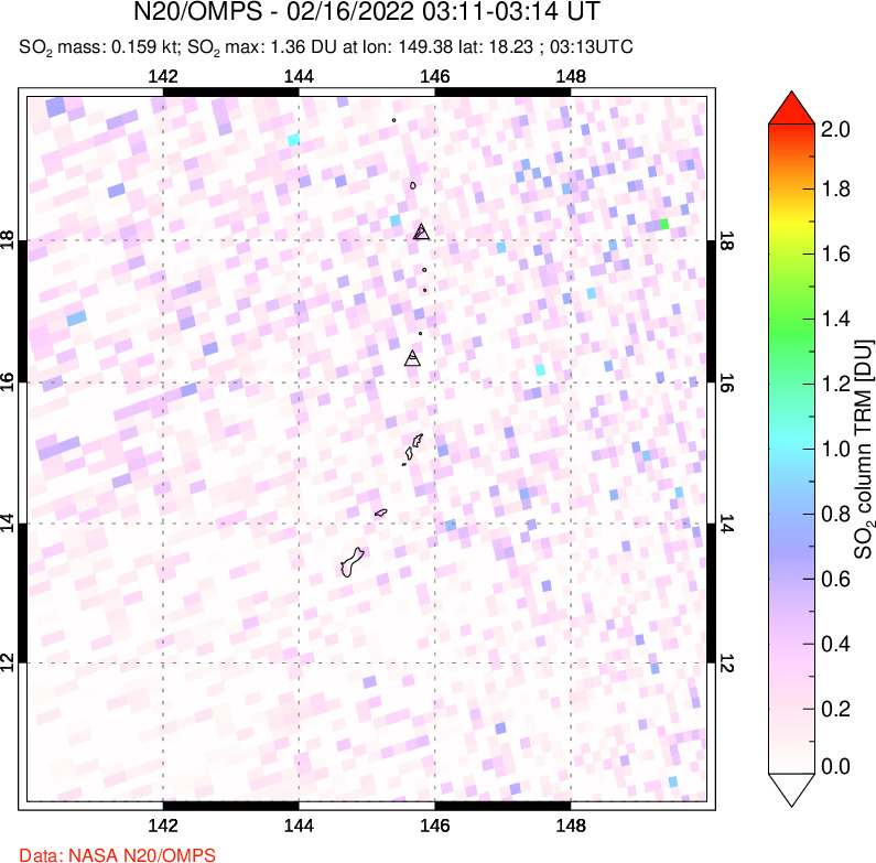 A sulfur dioxide image over Anatahan, Mariana Islands on Feb 16, 2022.