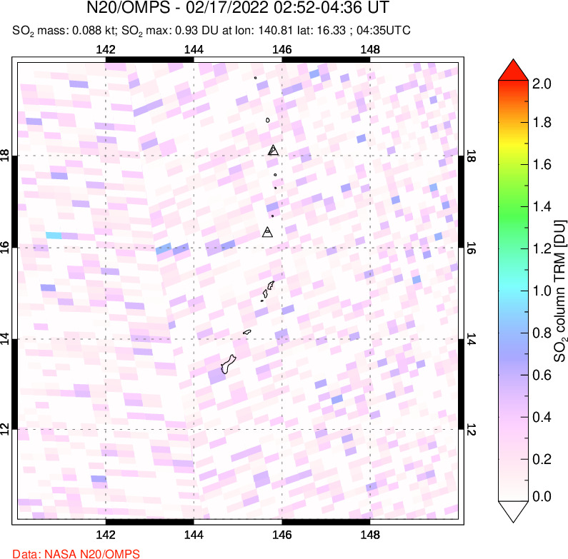 A sulfur dioxide image over Anatahan, Mariana Islands on Feb 17, 2022.