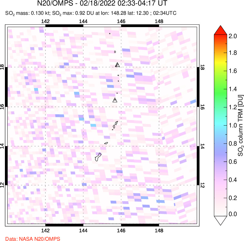 A sulfur dioxide image over Anatahan, Mariana Islands on Feb 18, 2022.