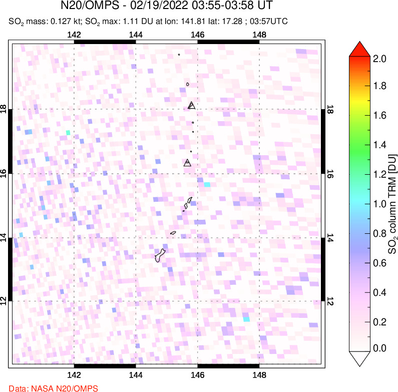 A sulfur dioxide image over Anatahan, Mariana Islands on Feb 19, 2022.