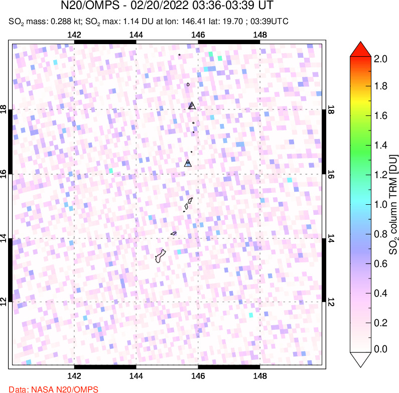 A sulfur dioxide image over Anatahan, Mariana Islands on Feb 20, 2022.