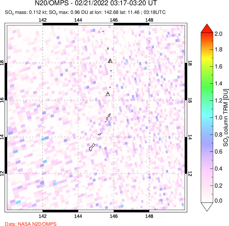 A sulfur dioxide image over Anatahan, Mariana Islands on Feb 21, 2022.