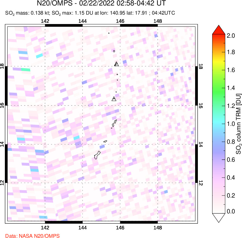 A sulfur dioxide image over Anatahan, Mariana Islands on Feb 22, 2022.