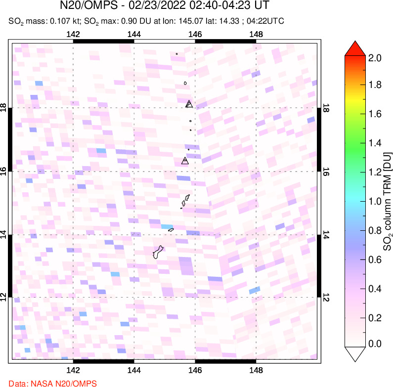 A sulfur dioxide image over Anatahan, Mariana Islands on Feb 23, 2022.