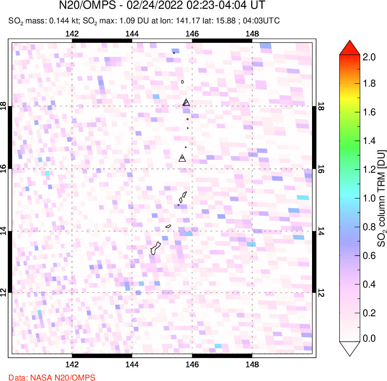 A sulfur dioxide image over Anatahan, Mariana Islands on Feb 24, 2022.