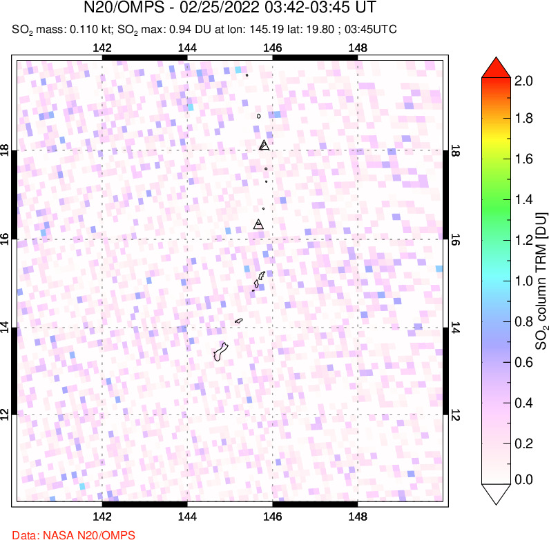 A sulfur dioxide image over Anatahan, Mariana Islands on Feb 25, 2022.