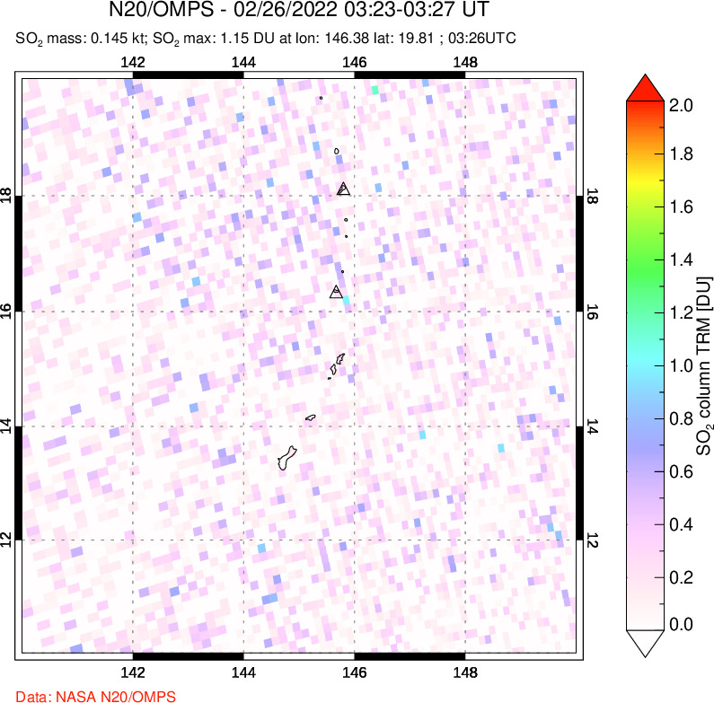 A sulfur dioxide image over Anatahan, Mariana Islands on Feb 26, 2022.