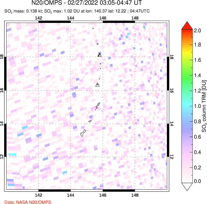 A sulfur dioxide image over Anatahan, Mariana Islands on Feb 27, 2022.