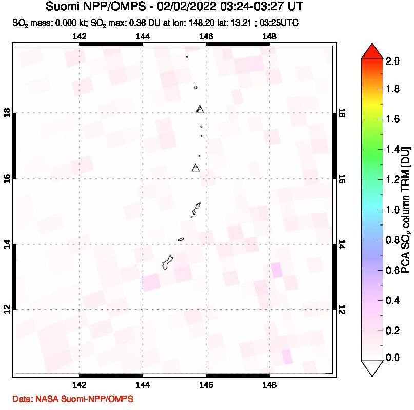 A sulfur dioxide image over Anatahan, Mariana Islands on Feb 02, 2022.