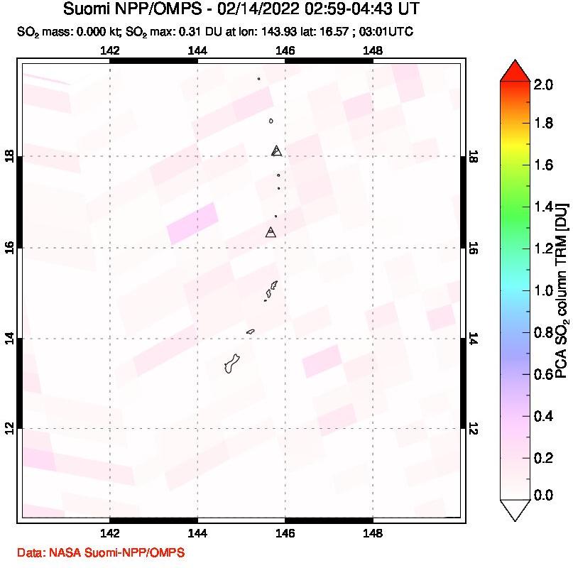 A sulfur dioxide image over Anatahan, Mariana Islands on Feb 14, 2022.