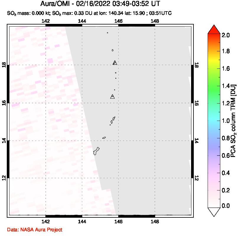 A sulfur dioxide image over Anatahan, Mariana Islands on Feb 16, 2022.