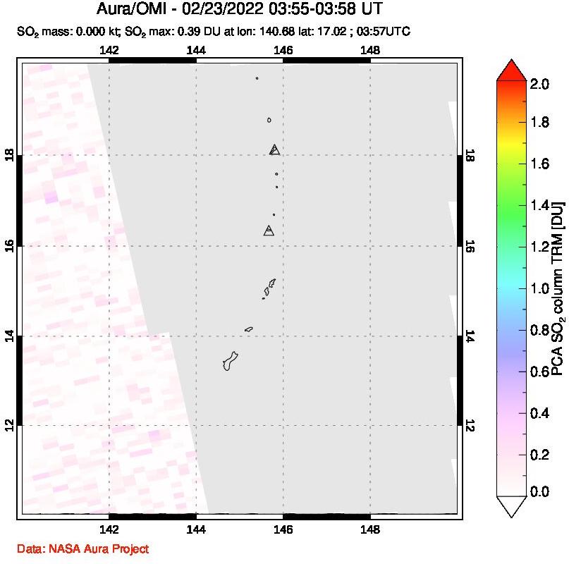 A sulfur dioxide image over Anatahan, Mariana Islands on Feb 23, 2022.