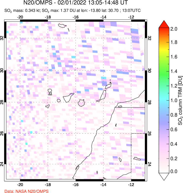 A sulfur dioxide image over Canary Islands on Feb 01, 2022.