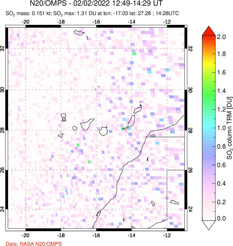 A sulfur dioxide image over Canary Islands on Feb 02, 2022.