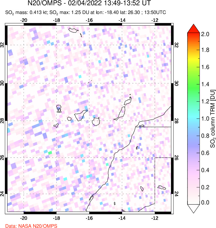 A sulfur dioxide image over Canary Islands on Feb 04, 2022.