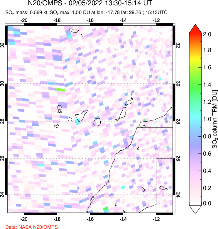 A sulfur dioxide image over Canary Islands on Feb 05, 2022.