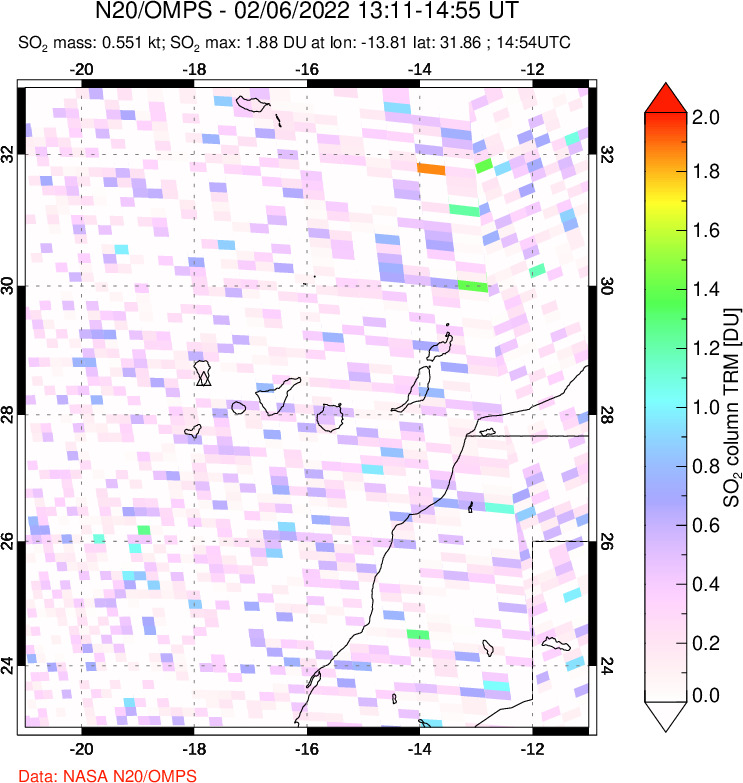 A sulfur dioxide image over Canary Islands on Feb 06, 2022.