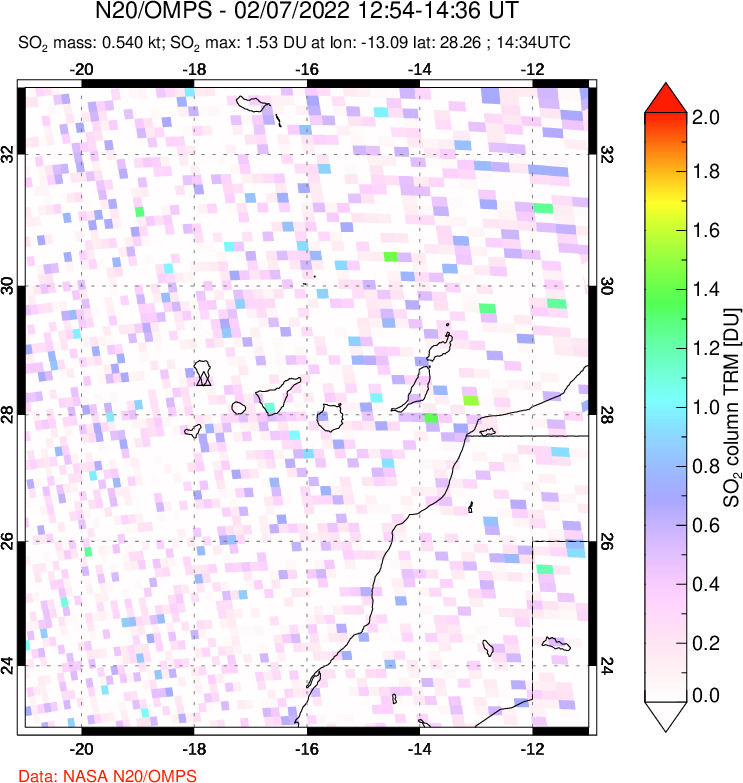 A sulfur dioxide image over Canary Islands on Feb 07, 2022.