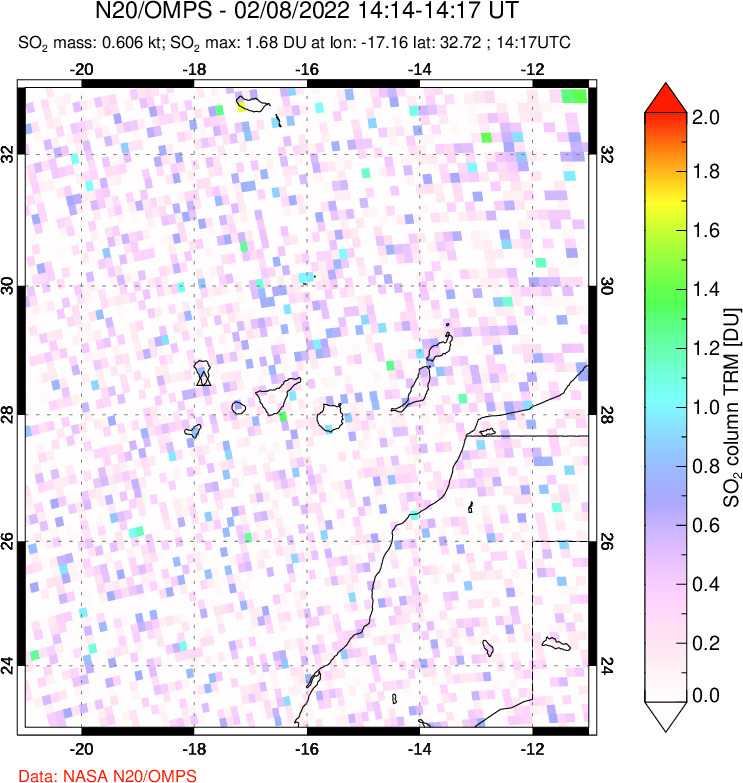 A sulfur dioxide image over Canary Islands on Feb 08, 2022.