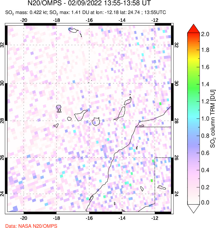 A sulfur dioxide image over Canary Islands on Feb 09, 2022.