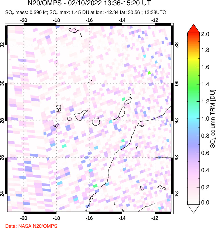 A sulfur dioxide image over Canary Islands on Feb 10, 2022.