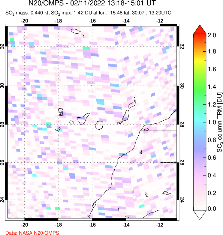 A sulfur dioxide image over Canary Islands on Feb 11, 2022.