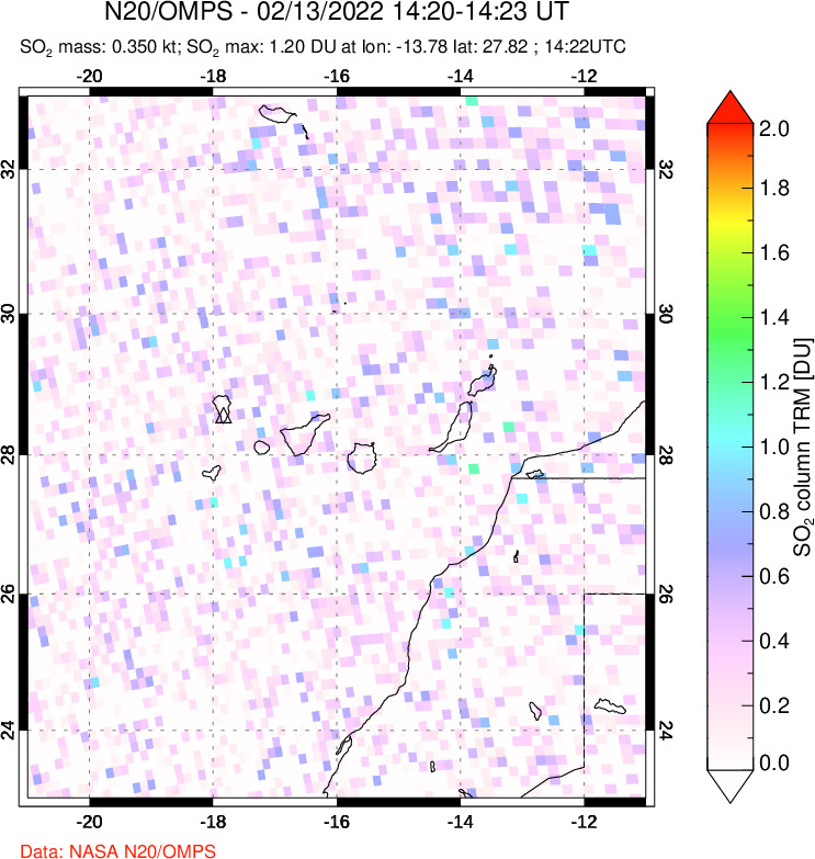 A sulfur dioxide image over Canary Islands on Feb 13, 2022.