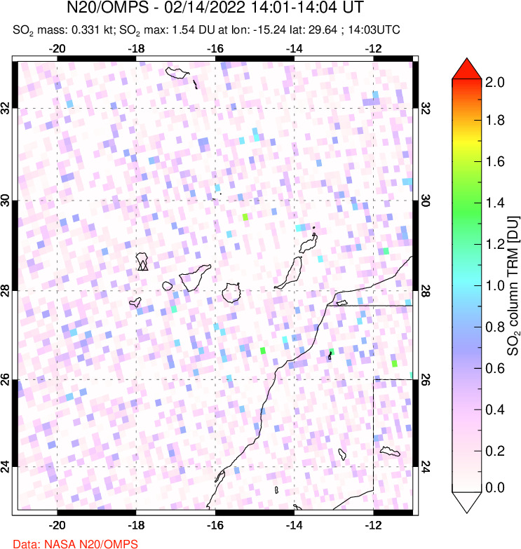 A sulfur dioxide image over Canary Islands on Feb 14, 2022.