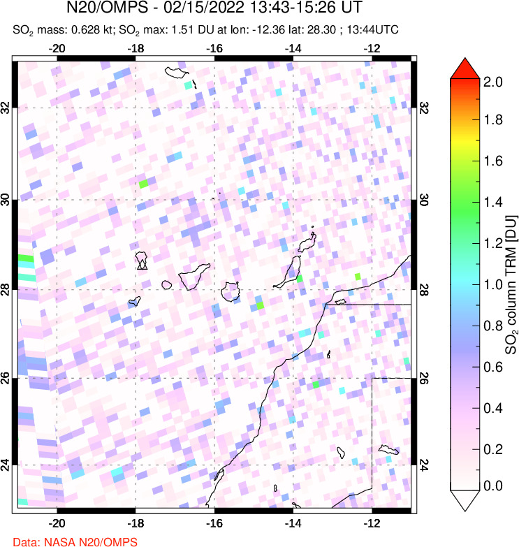 A sulfur dioxide image over Canary Islands on Feb 15, 2022.