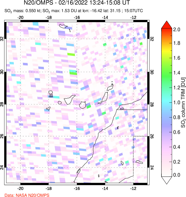 A sulfur dioxide image over Canary Islands on Feb 16, 2022.