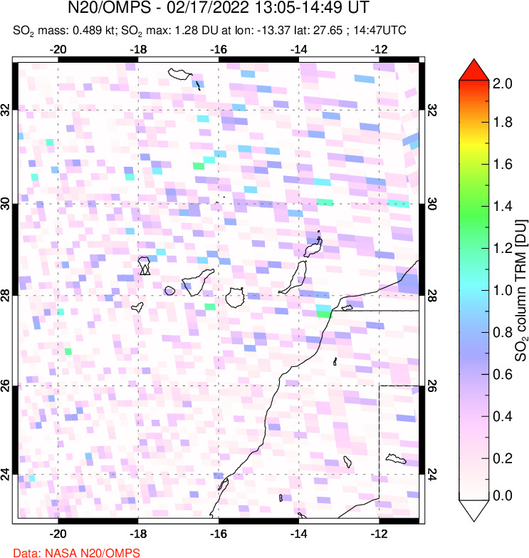 A sulfur dioxide image over Canary Islands on Feb 17, 2022.