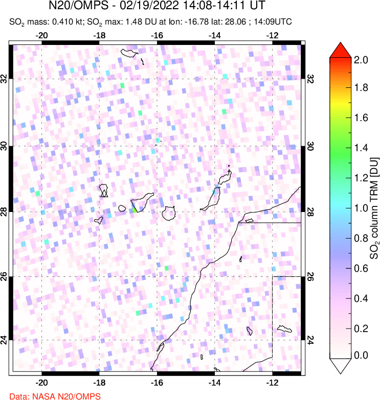 A sulfur dioxide image over Canary Islands on Feb 19, 2022.