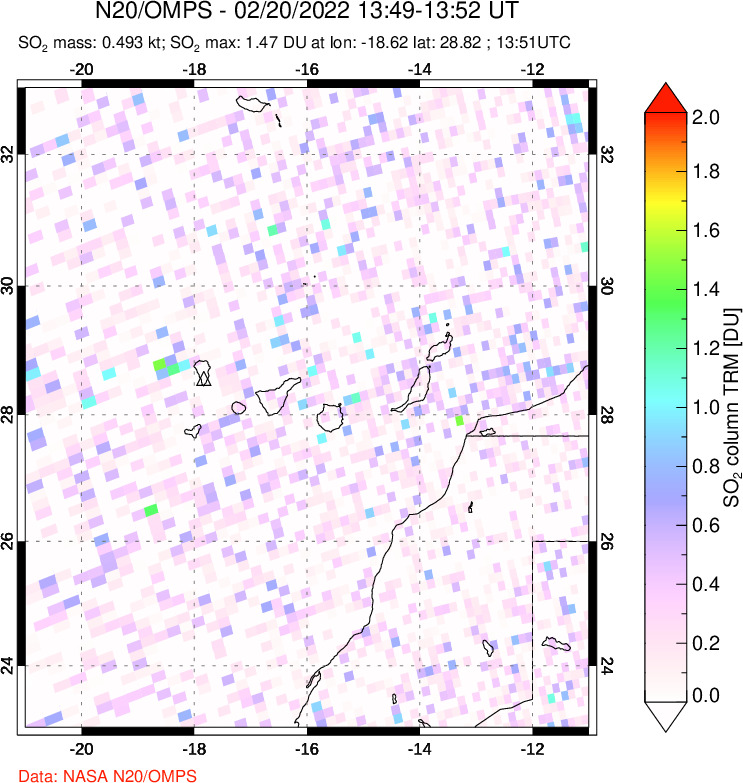 A sulfur dioxide image over Canary Islands on Feb 20, 2022.