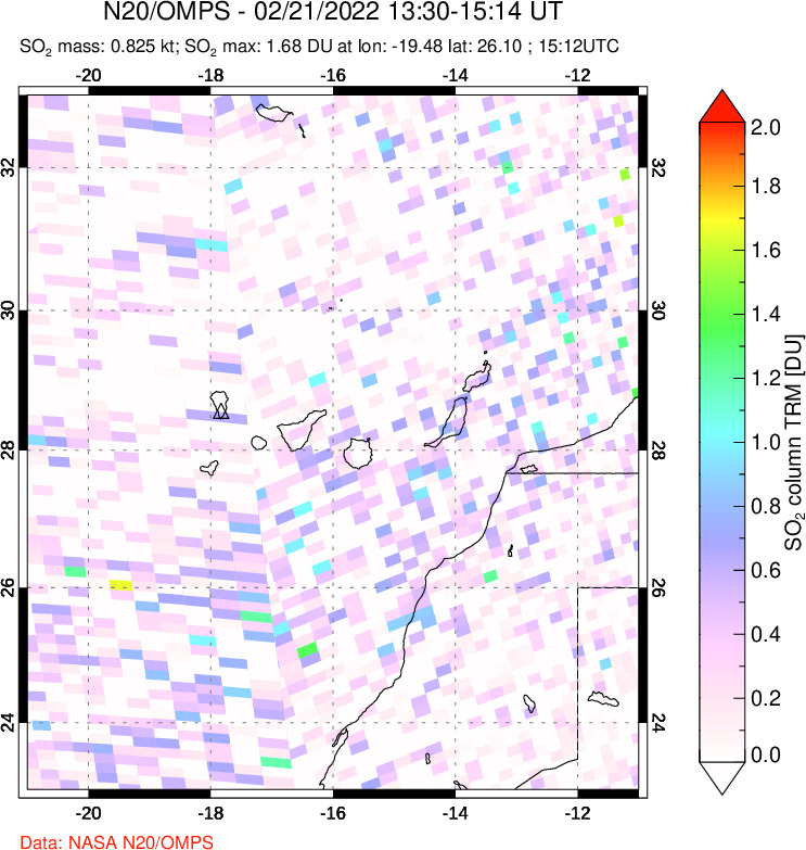 A sulfur dioxide image over Canary Islands on Feb 21, 2022.