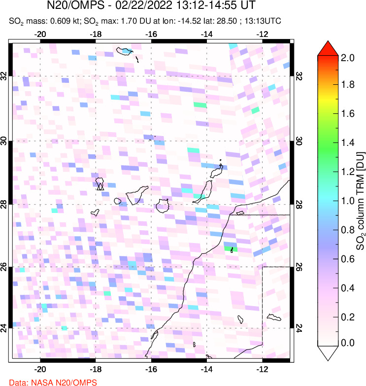 A sulfur dioxide image over Canary Islands on Feb 22, 2022.