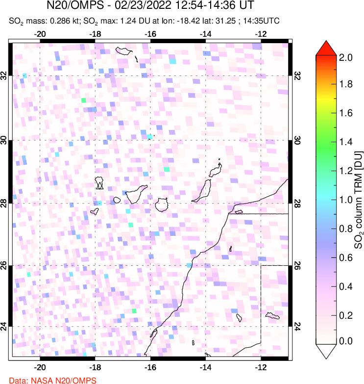 A sulfur dioxide image over Canary Islands on Feb 23, 2022.